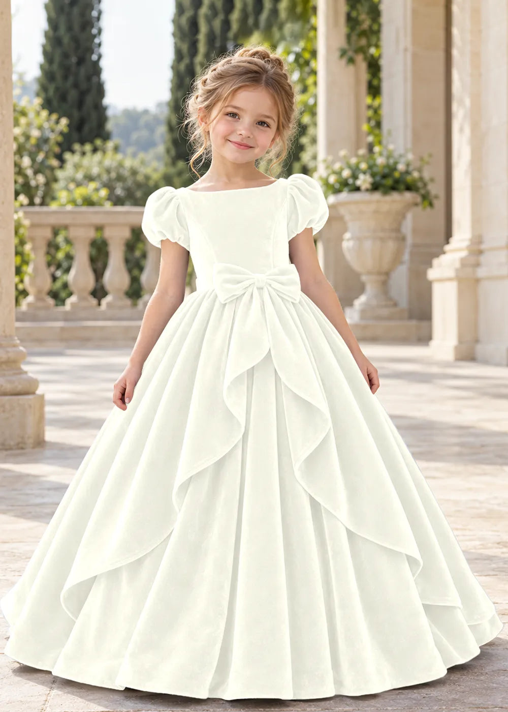 Front view of a child wearing a white flower girl dress with a square neckline, short puff sleeves and a large velvet bow above a full tiered skirt.