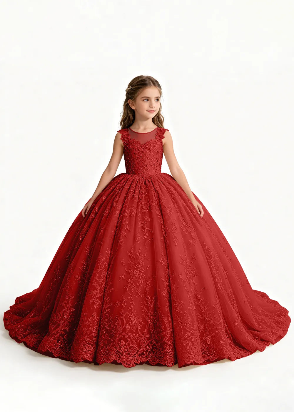 Navy Sleeveless Flower Girl Gown with Scalloped Train