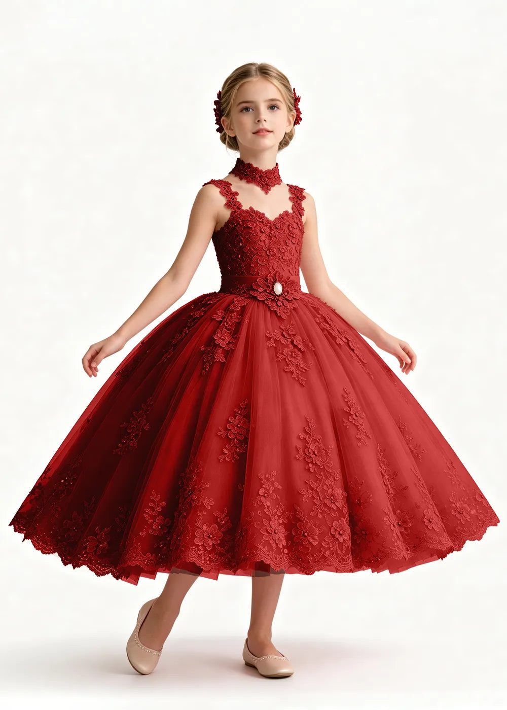 Navy Tea-Length Flower Girl Gown with Floral Neck Band