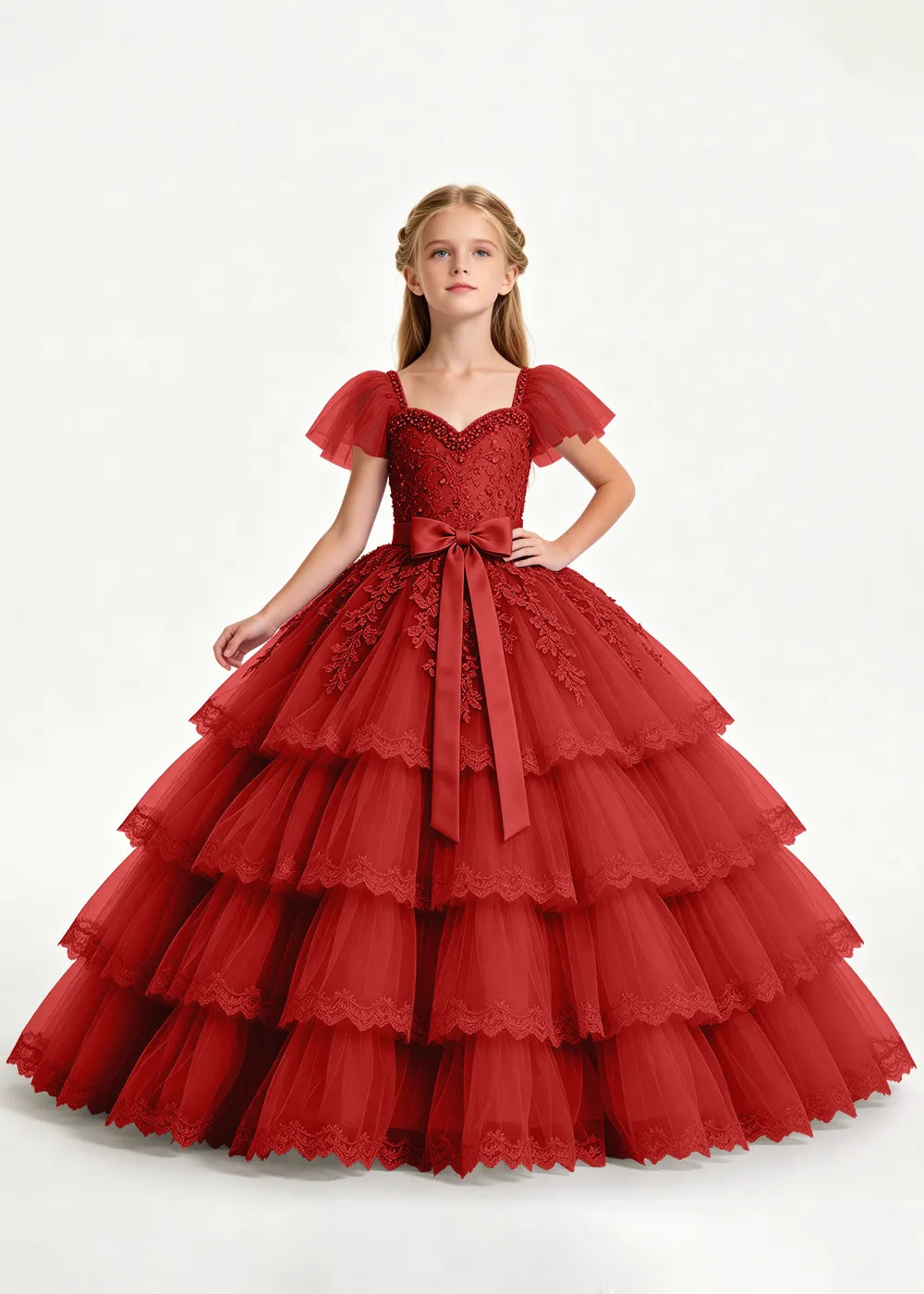 Navy Four-Tier Flower Girl Gown with Front Bow
