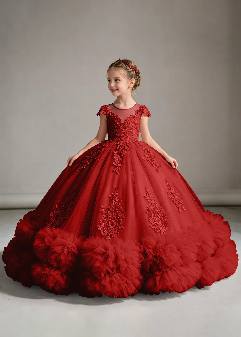 Navy Flower Girl Ball Gown with Floral Bodice and Ruffle Hem