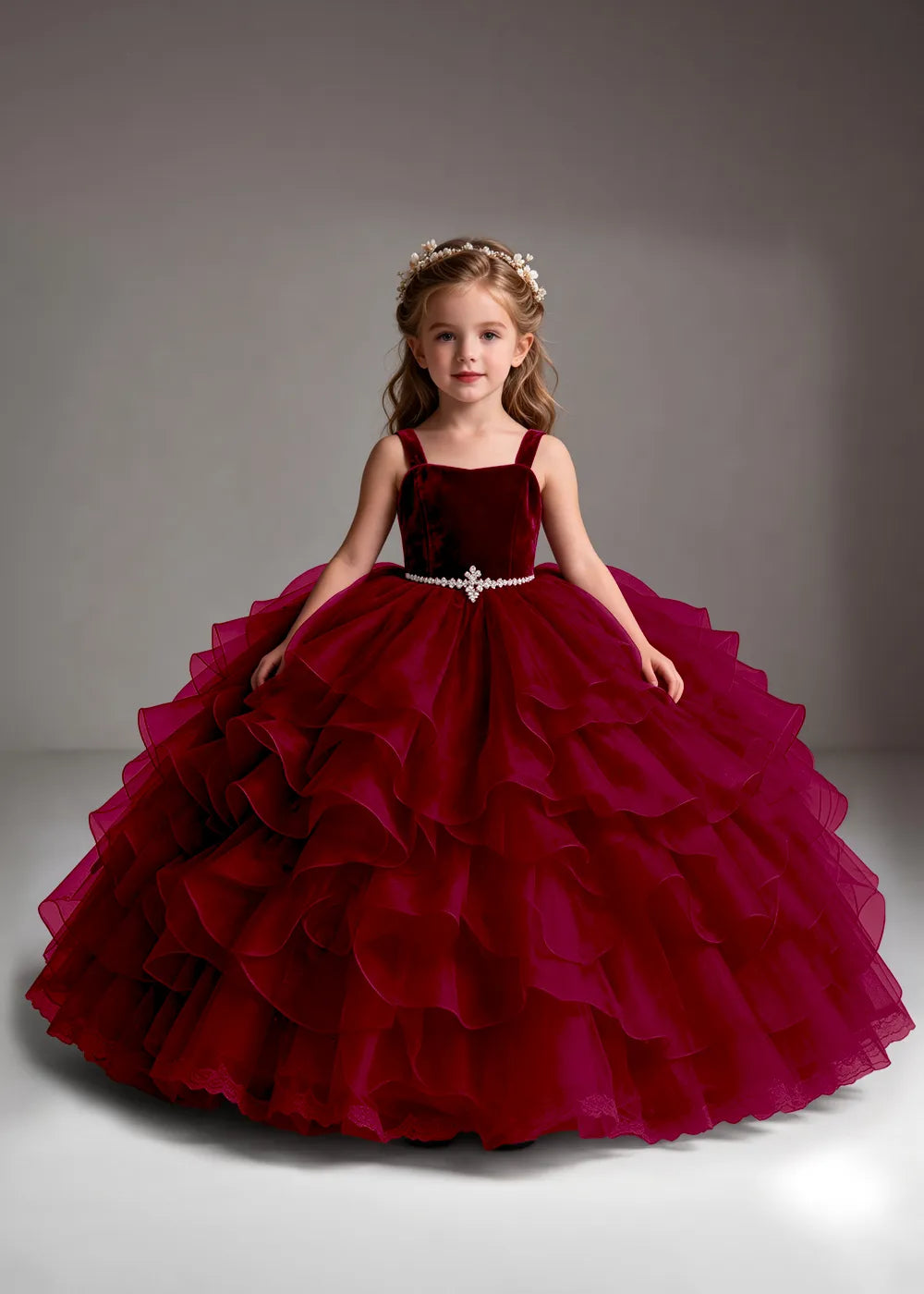 Burgundy Flower Girl Dress with Cascading Ruffles and Jeweled Waist