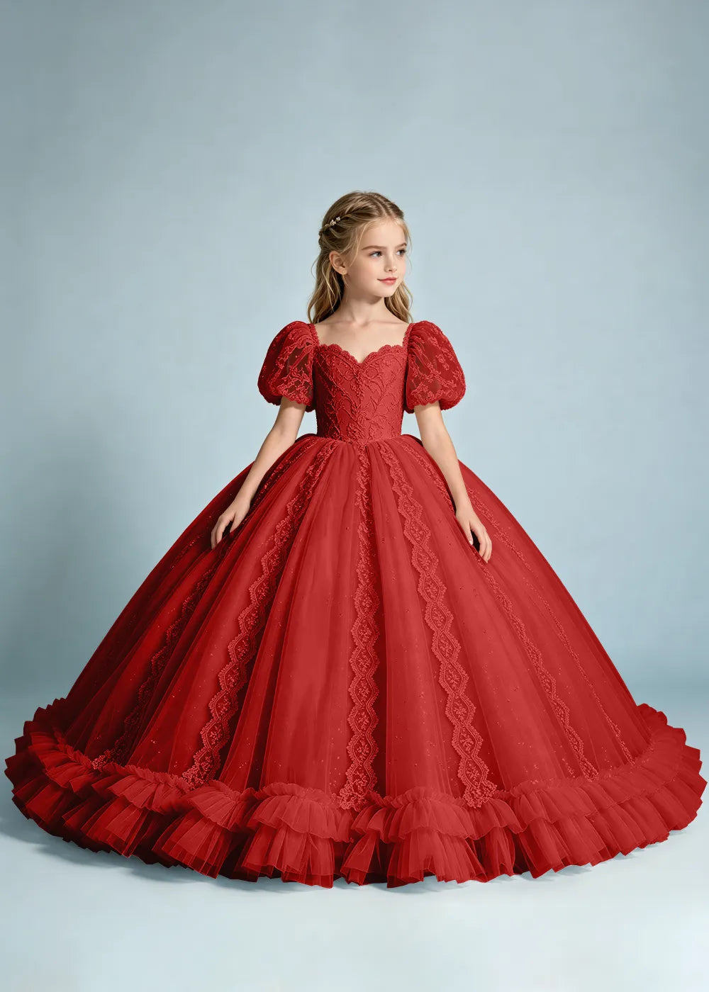 Navy Flower Girl Gown with Lace Puff Sleeves and Ruffled Hem
