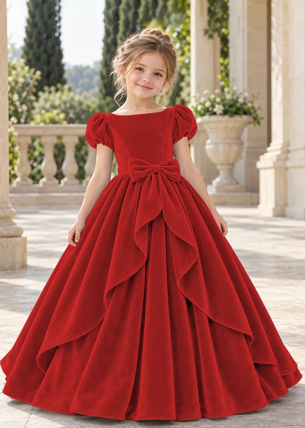 Front view of a child wearing a wine red flower girl dress with a square neckline, short puff sleeves and a large velvet bow above a full tiered skirt.