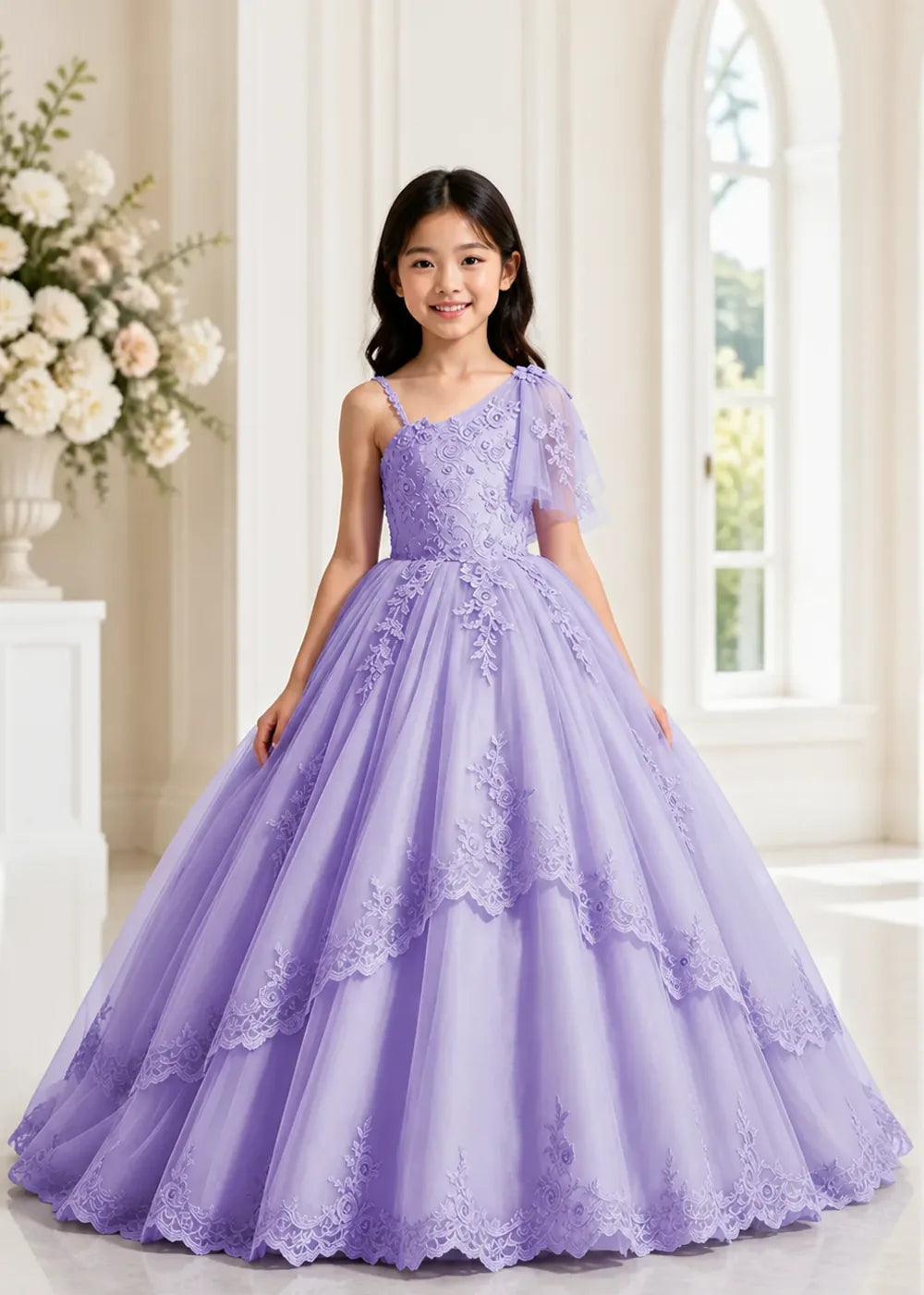 One-Shoulder Floral Lace Princess Dress for Girls