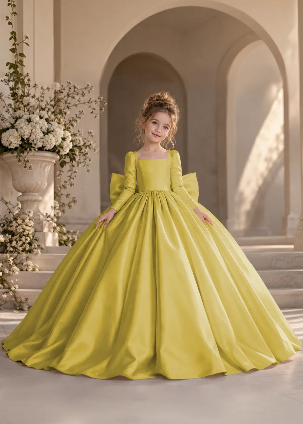Ivory Long-Sleeve Flower Girl Dress with a Square Neckline and Bow