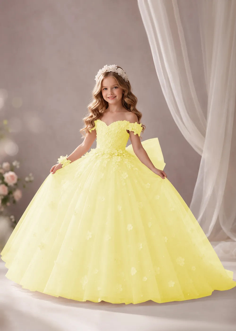 Ivory Flower Girl Dress with Off-Shoulder Florals and a Bow