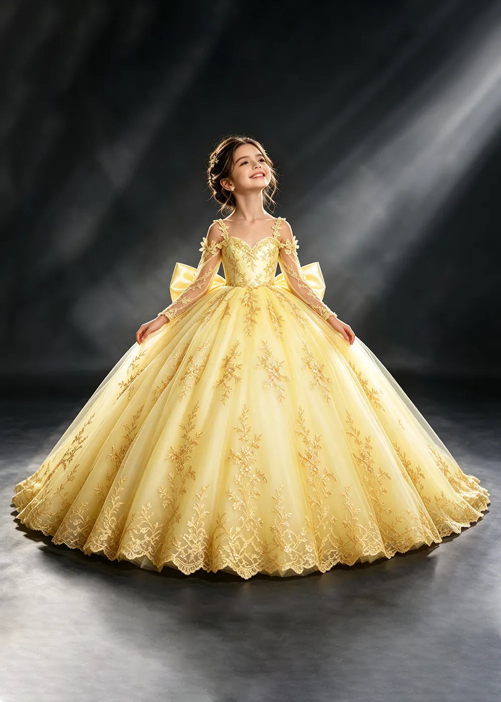 Ivory Gold Lace Flower Girl Dress with Floral Straps and Satin Bow