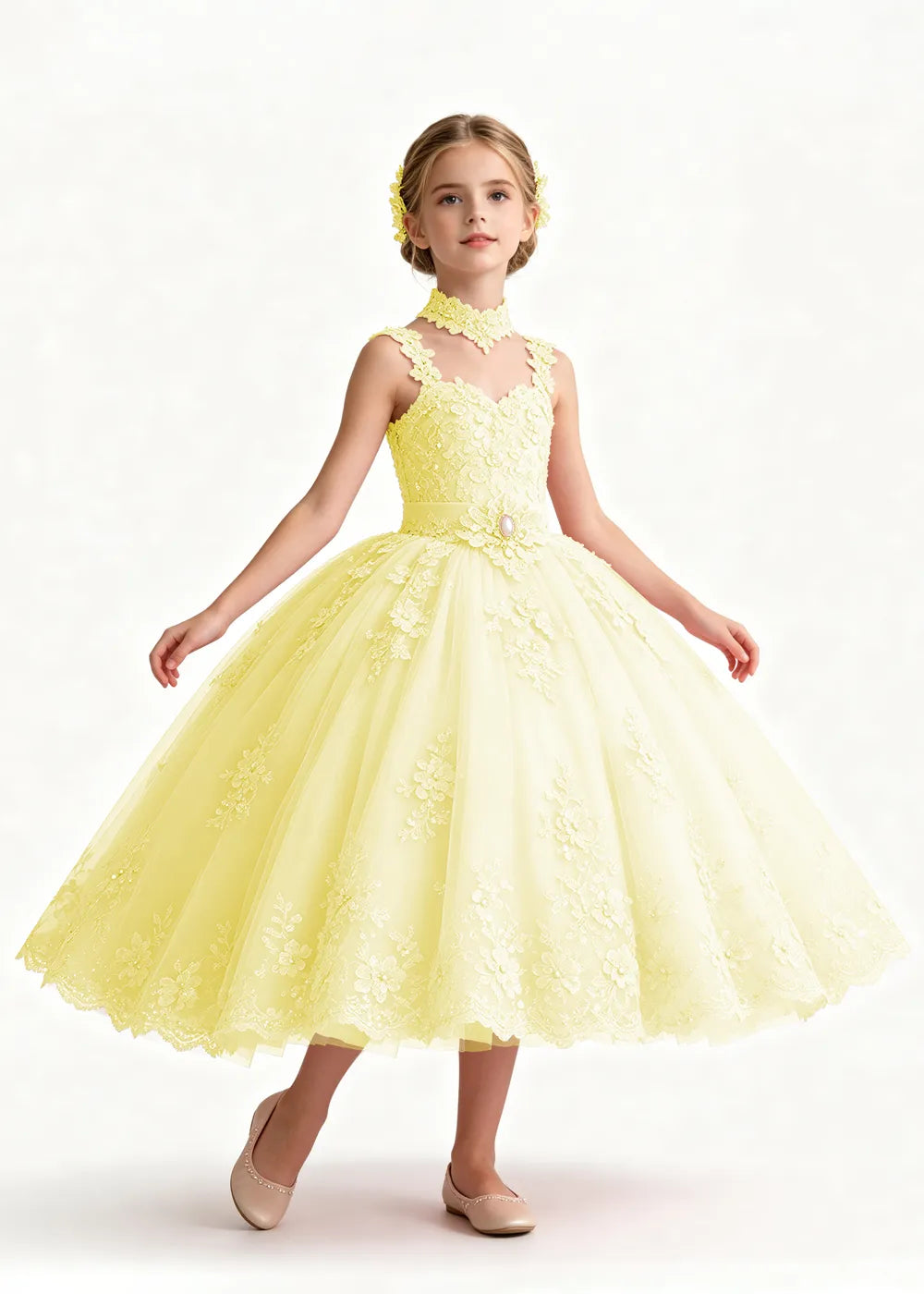 Pink Tea-Length Flower Girl Dress with Floral Neck Band