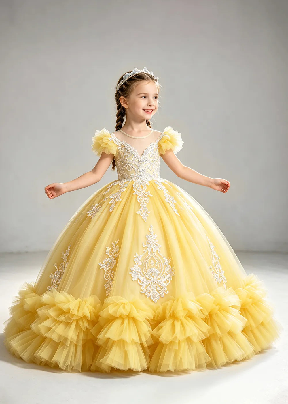Muted Dusty Blue Flower Girl Ball Gown with White Floral Detail