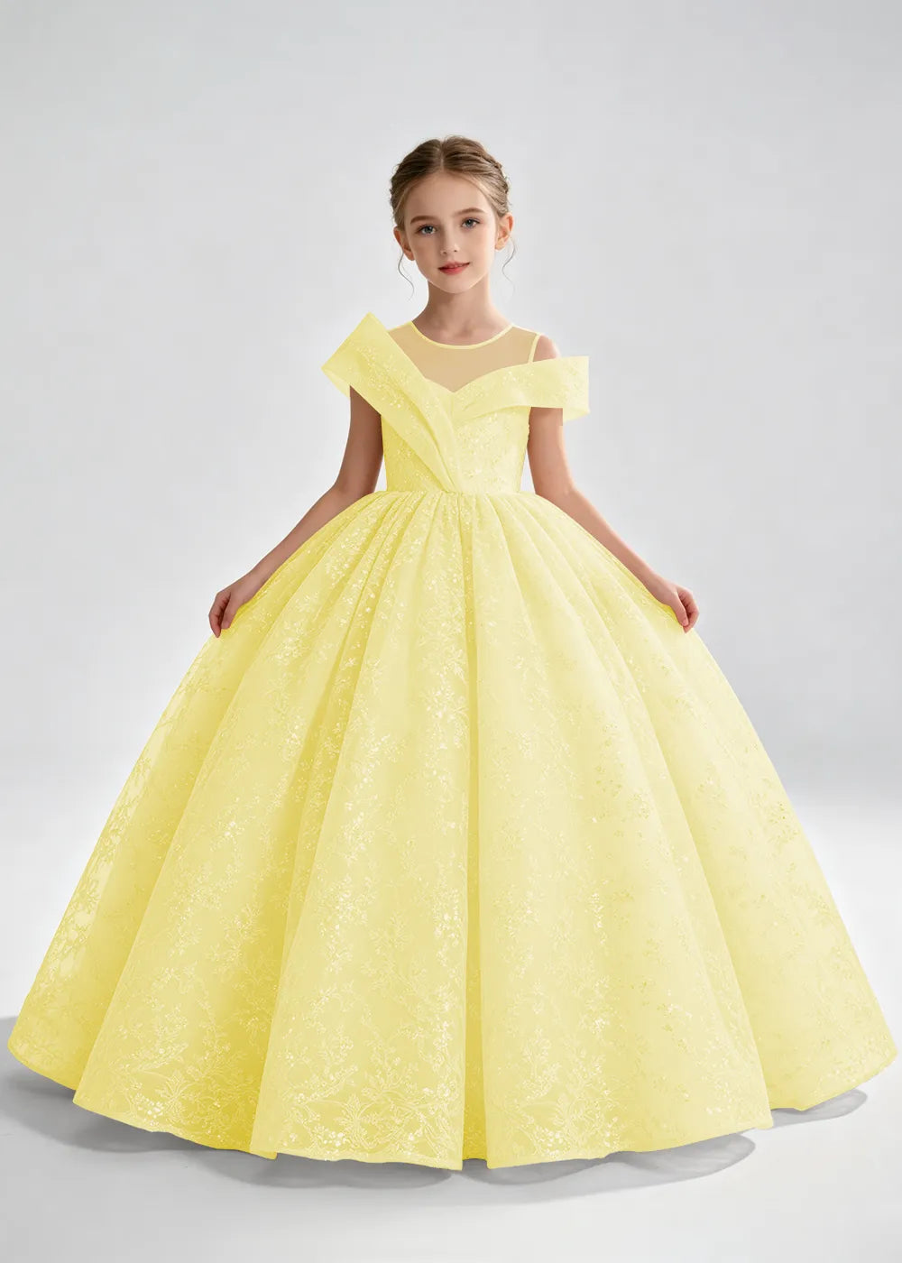 Champagne Illusion-Band Floral Flower Girl Dress