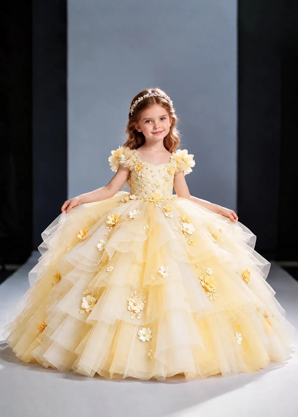 Pink and Blue Flower Girl Ball Gown with Floral Tiers