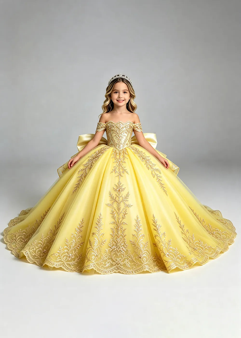 Off-Shoulder Lace Flower Girl Dress with Bow and Scalloped Hem