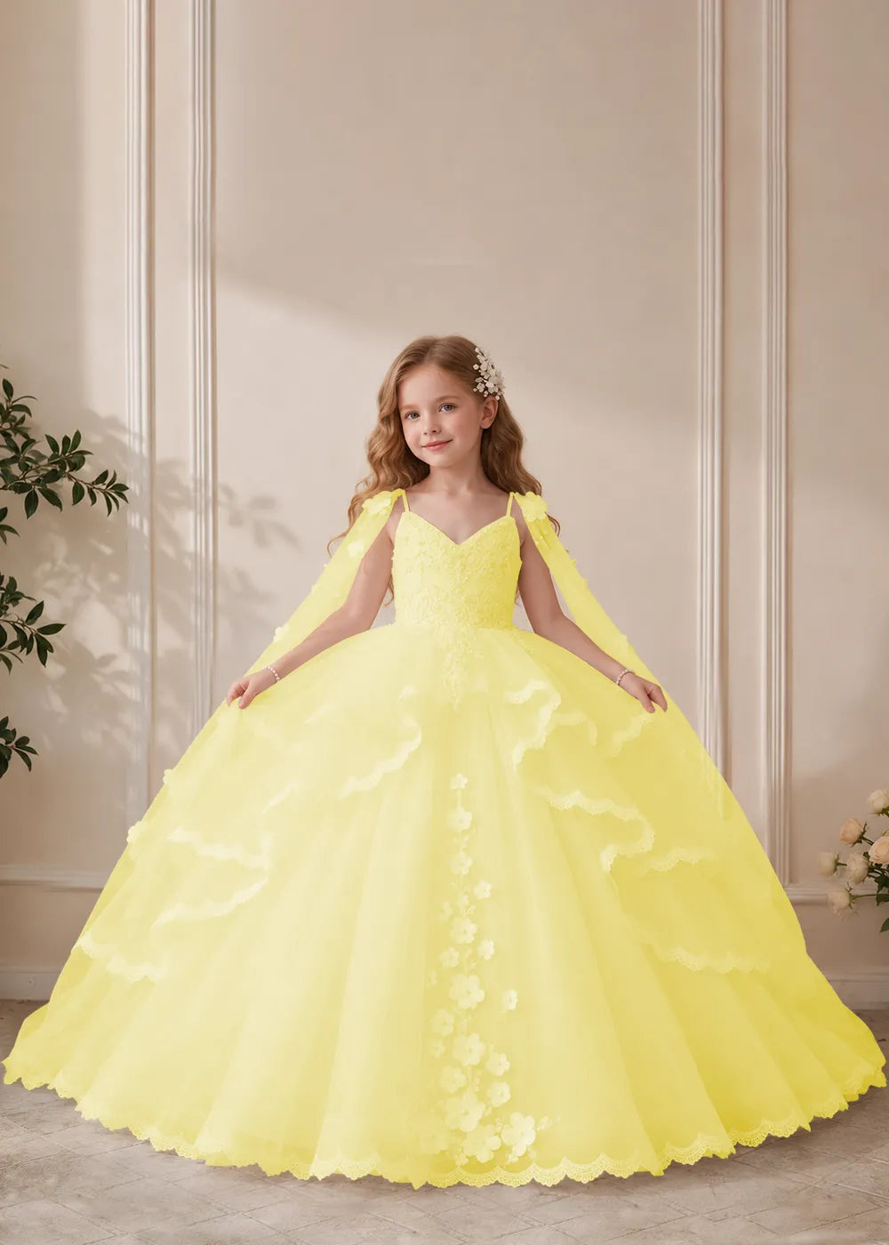 White Flower Girl Dress with Lace Ruffles and Sheer Shoulder Drapes
