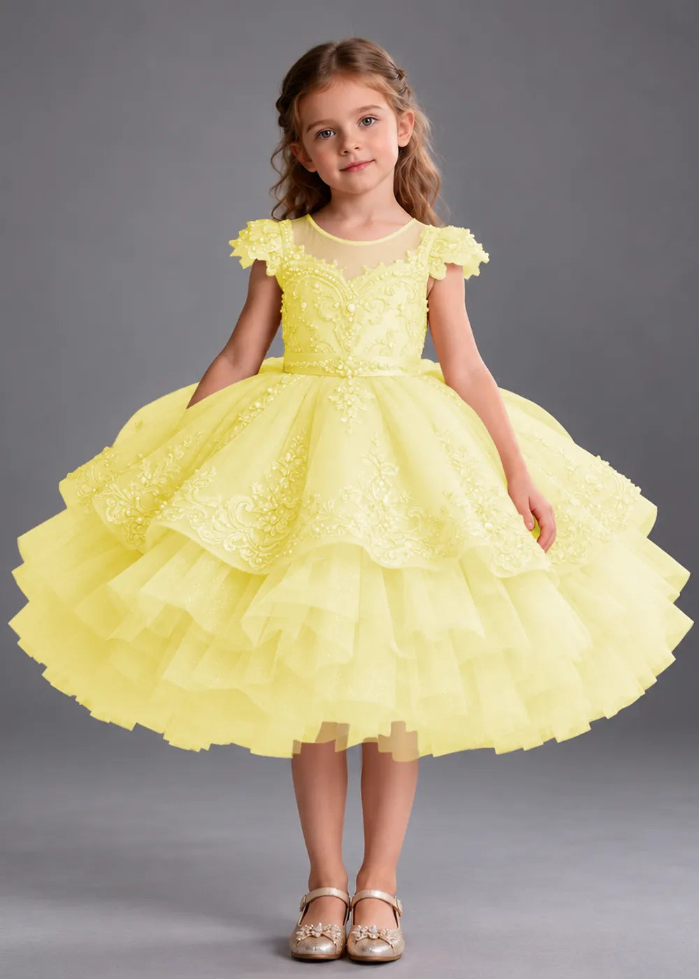 Gold Knee-Length Flower Girl Dress with Scalloped Lace Overlay