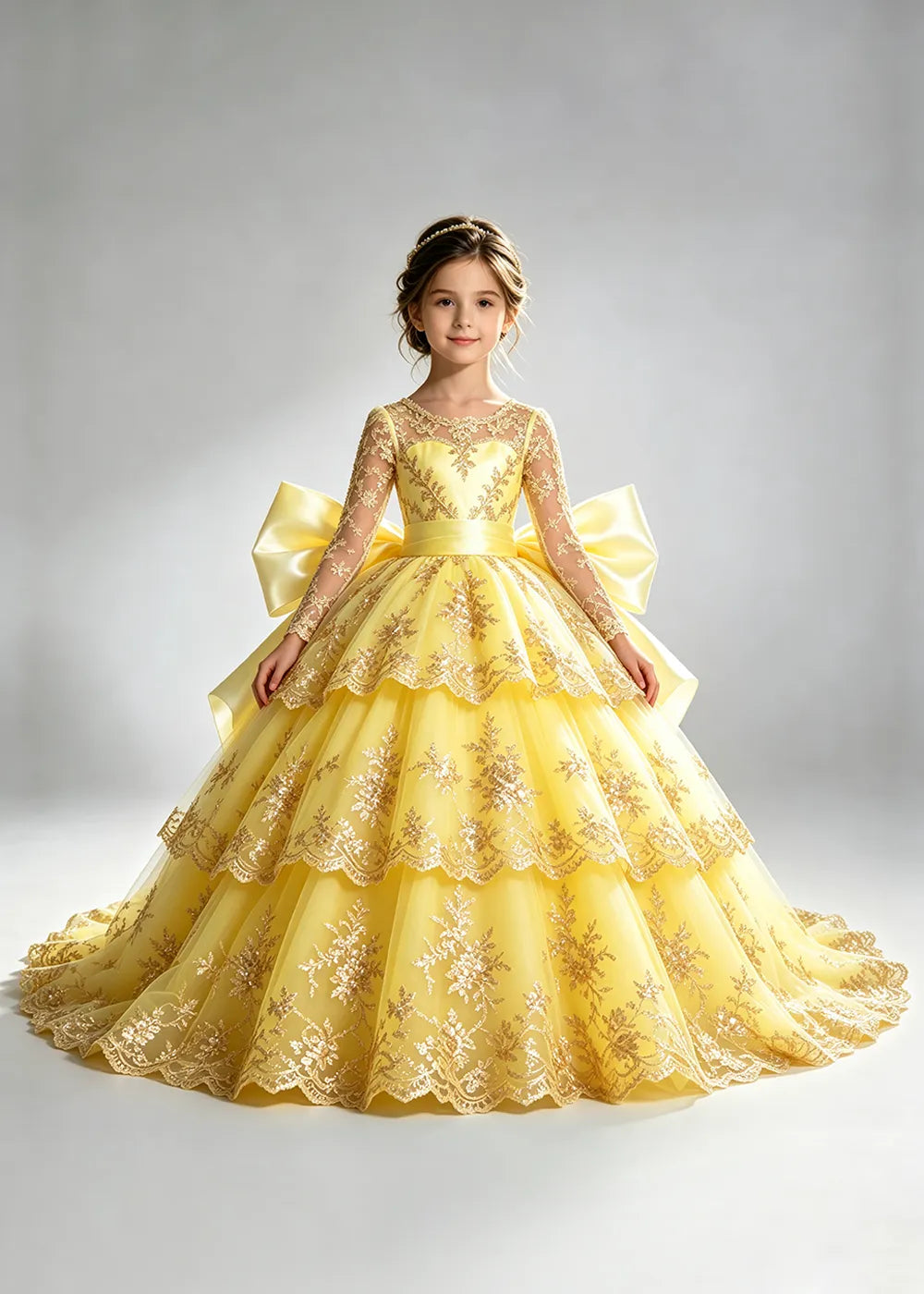Long Sleeve Lace Flower Girl Dress with Sash Bow and Tiered Skirt