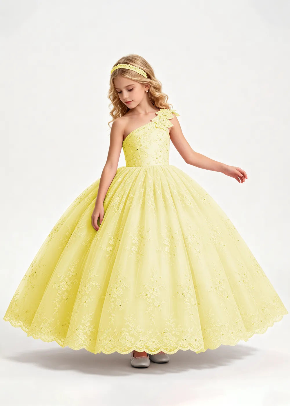 Warm Pale Blush One-Shoulder Flower Girl Gown with Scalloped Lace