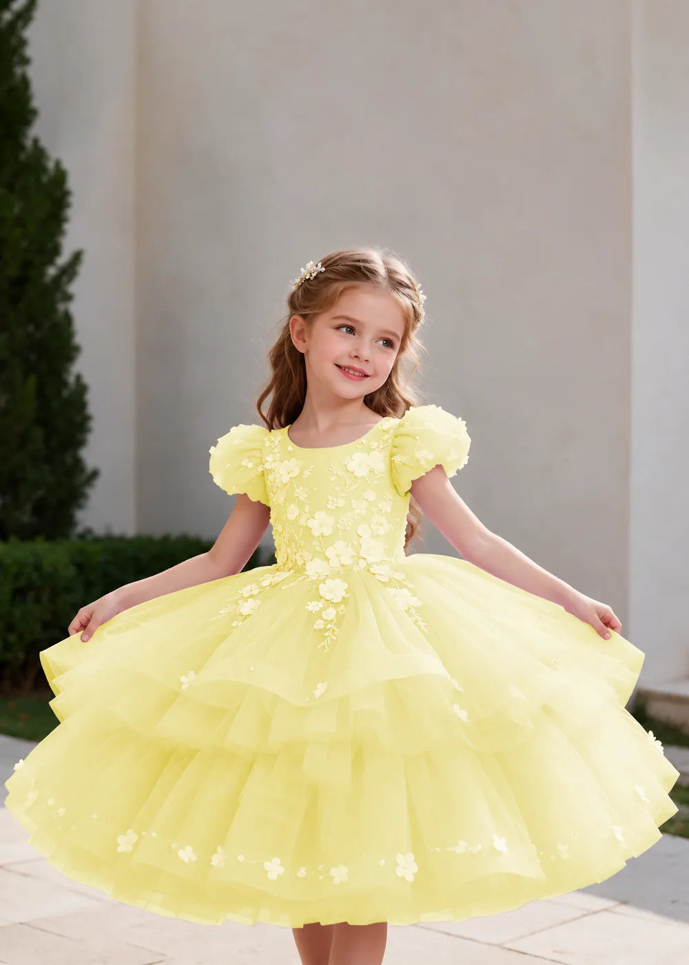 Lilac Puff-Sleeve Flower Girl Dress with Three-Tier Skirt