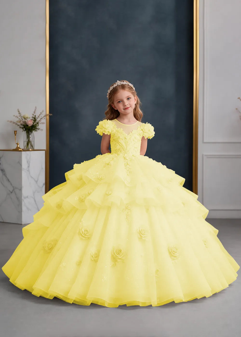 Navy Blue Flower Girl Gown with Floral Cap Sleeves and Rose Ruffles