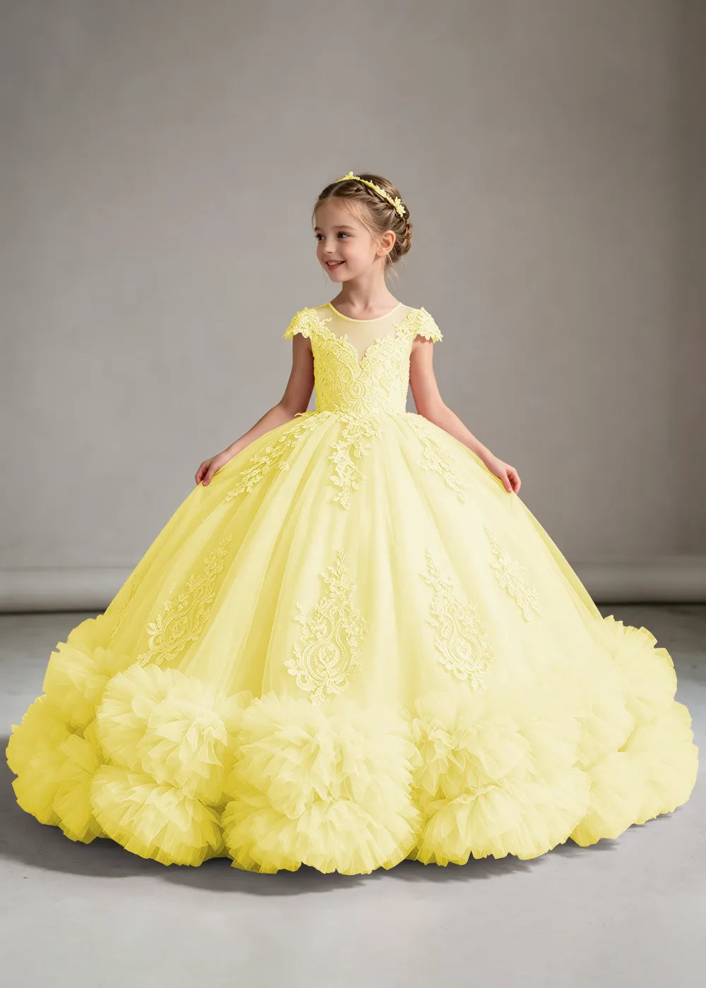 Pink Flower Girl Ball Gown with Floral Bodice and Ruffle Hem