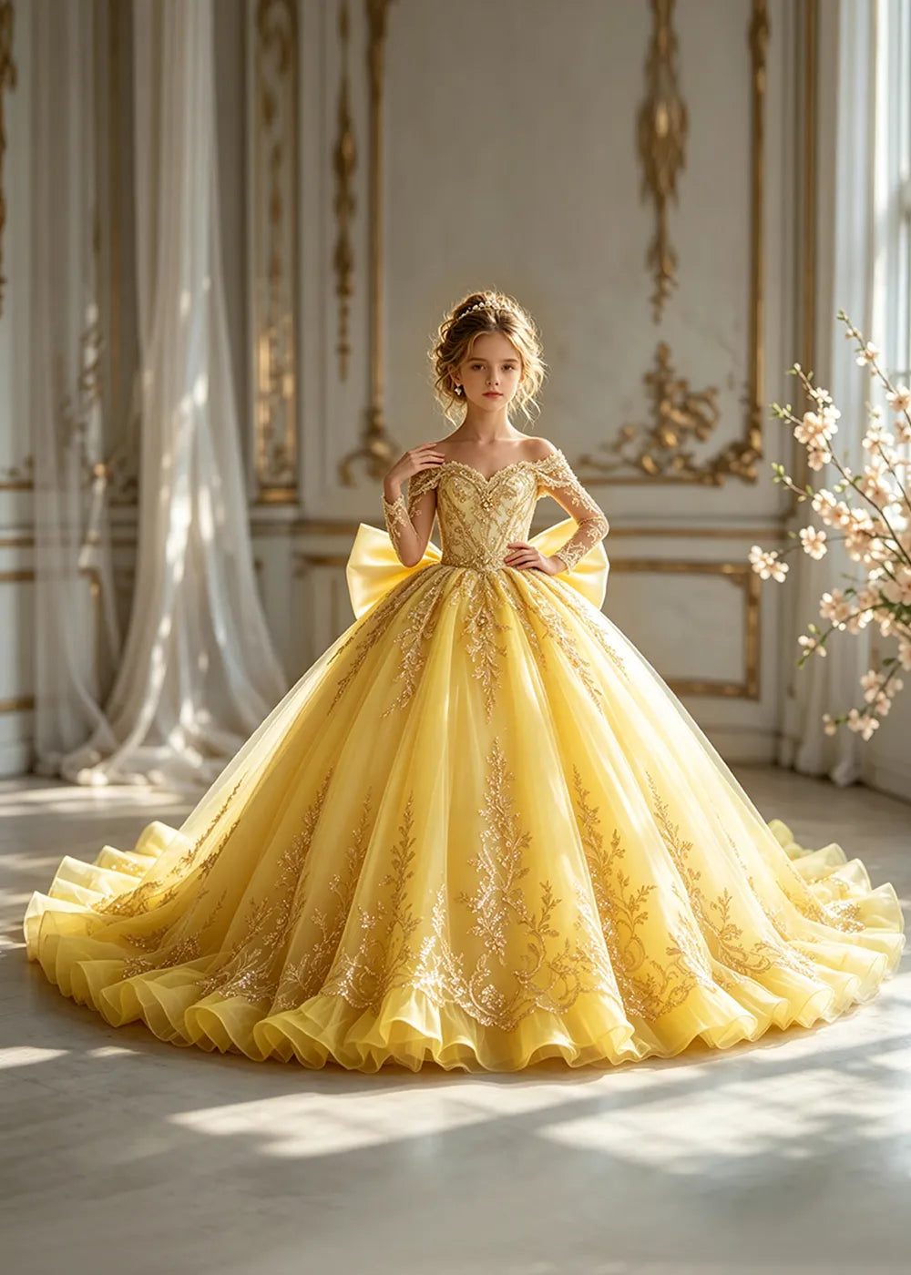 Off-Shoulder Sequin Lace Flower Girl Dress with Bow and Flounced Hem