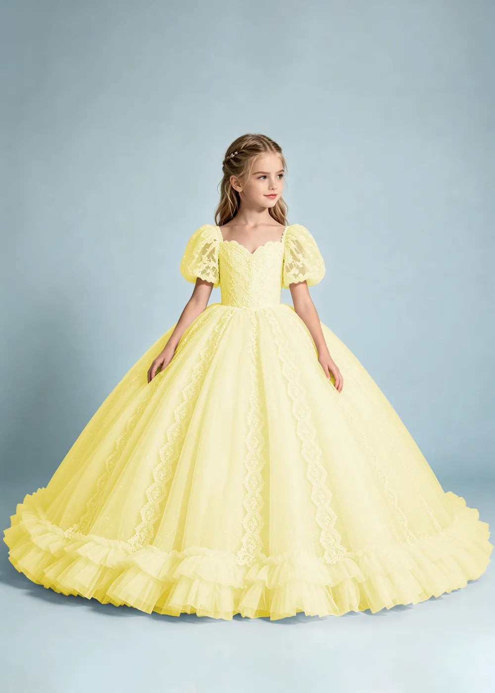 Warm Ivory Flower Girl Gown with Puff Sleeves and Ruffled Hem