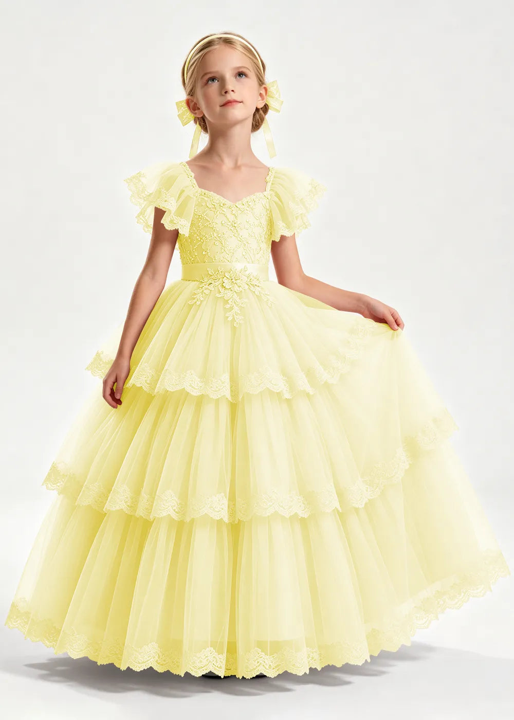 Warm Blush Pink Flower Girl Ball Gown with Three Lace-Edged Tiers