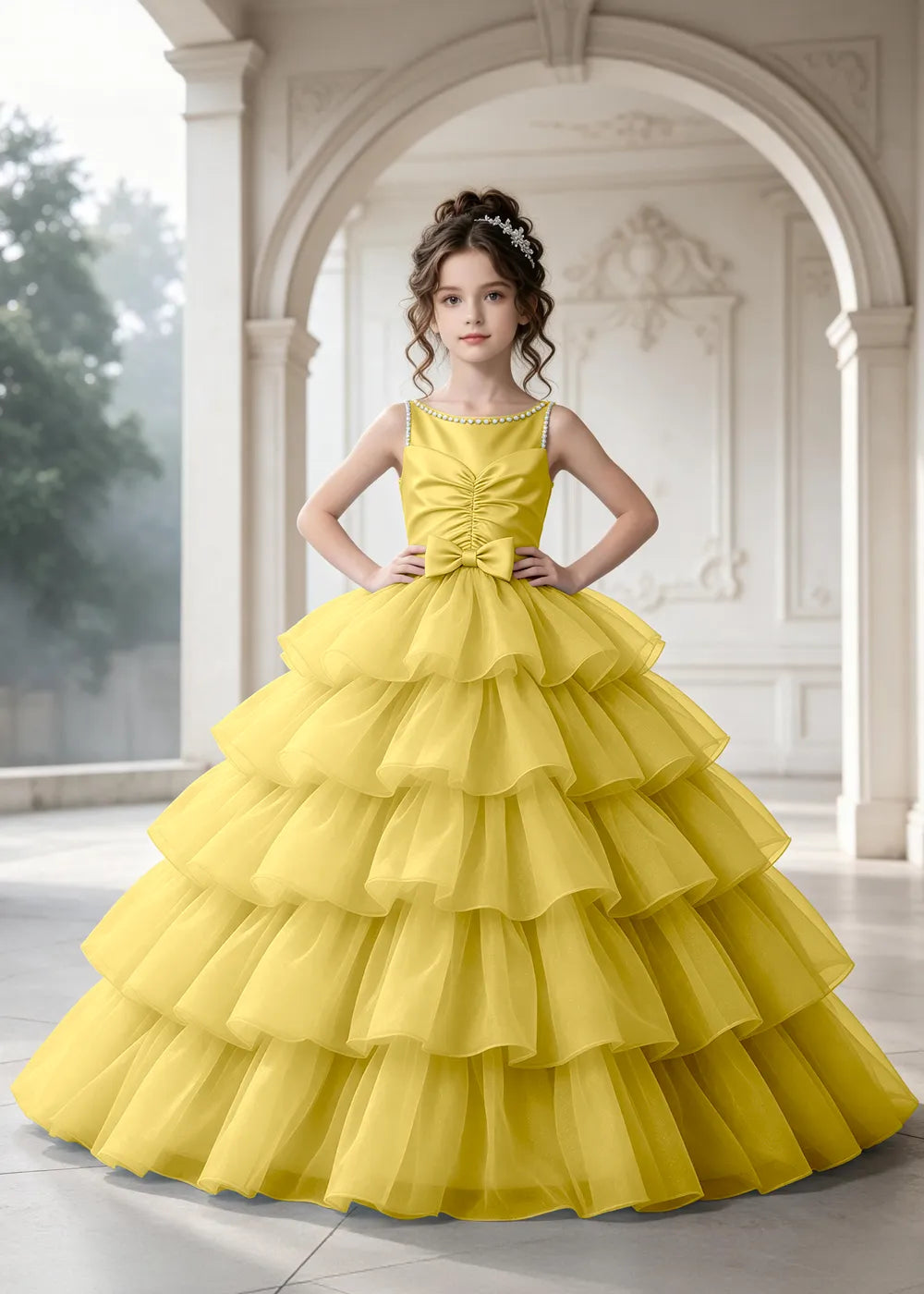Flower girl dress in Yellow, front view.