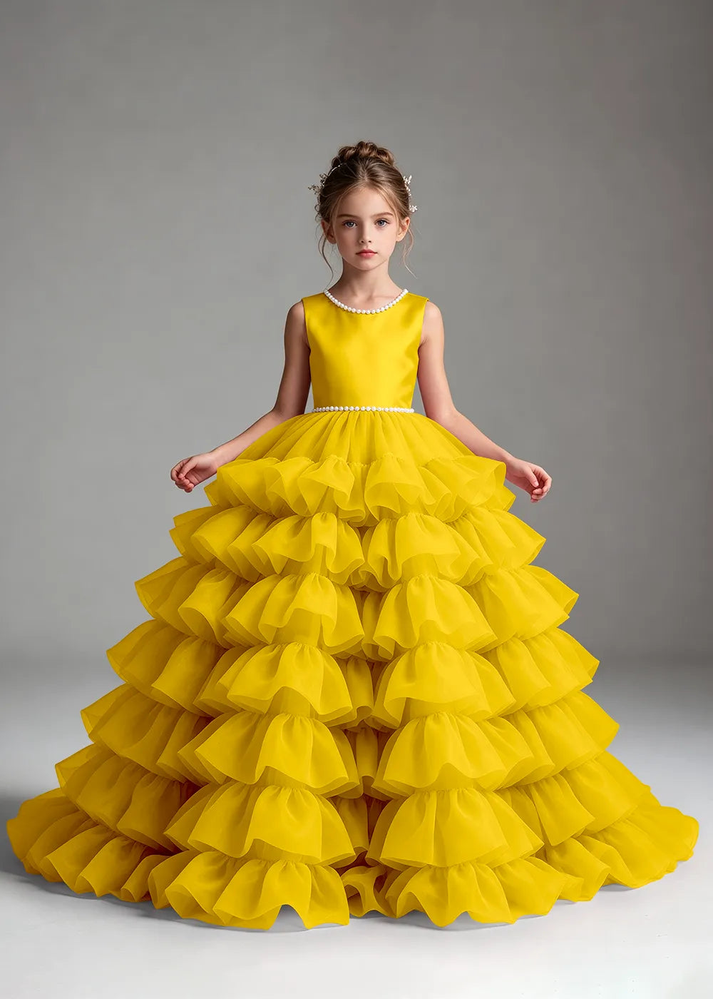 Pink Pearl-Trimmed Tiered Ruffle Flower Girl Dress