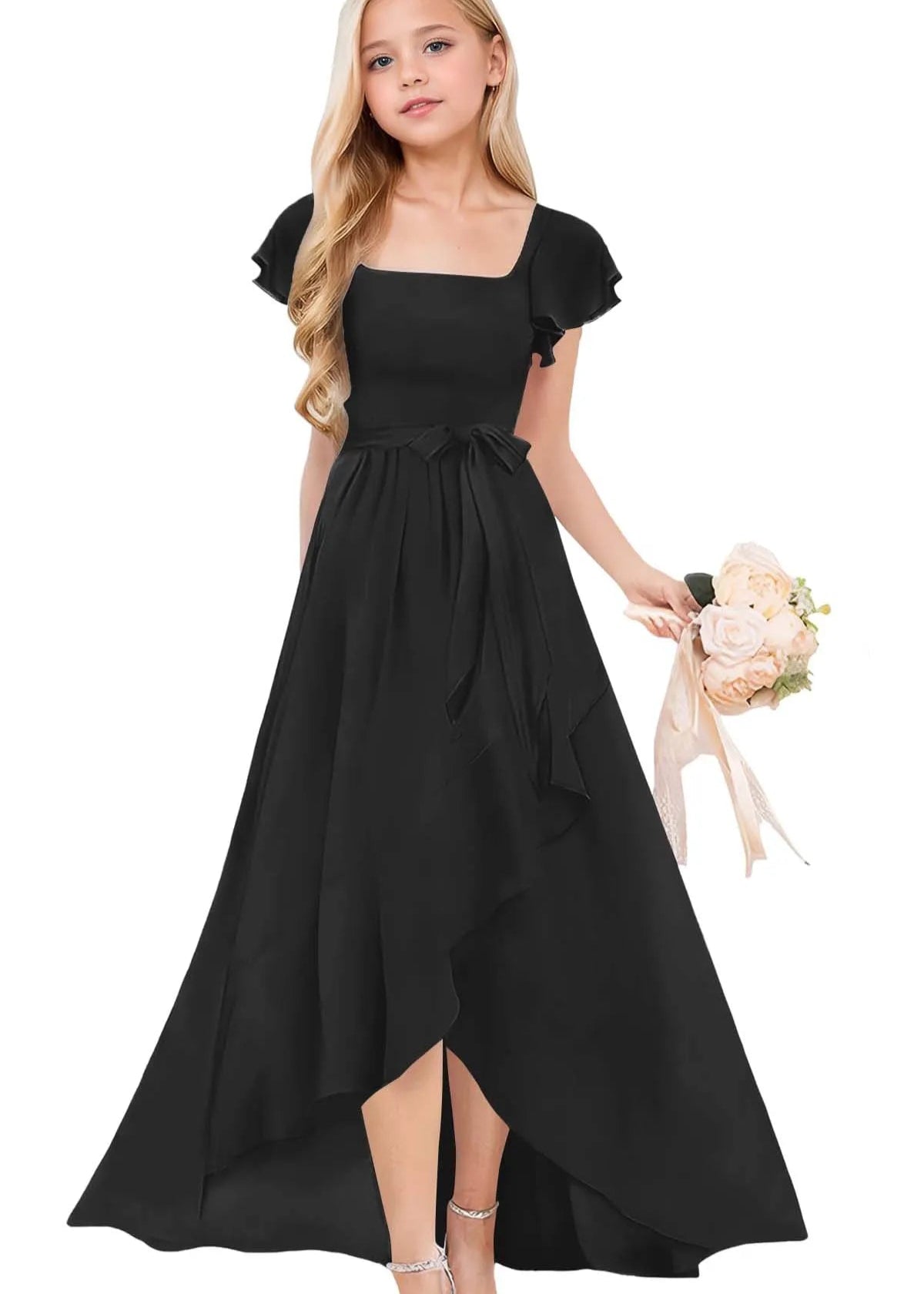 Square Neck Flutter Sleeve Chiffon Dress -[Black&White]