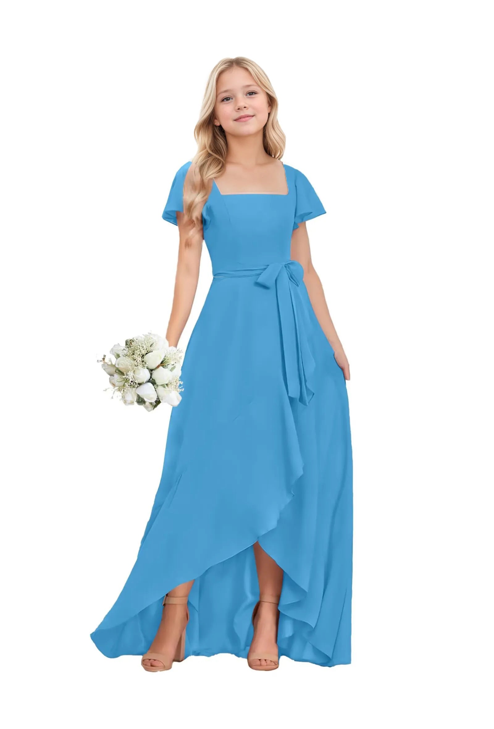 Square Neck Flutter Sleeve Chiffon Dress -[Blue]