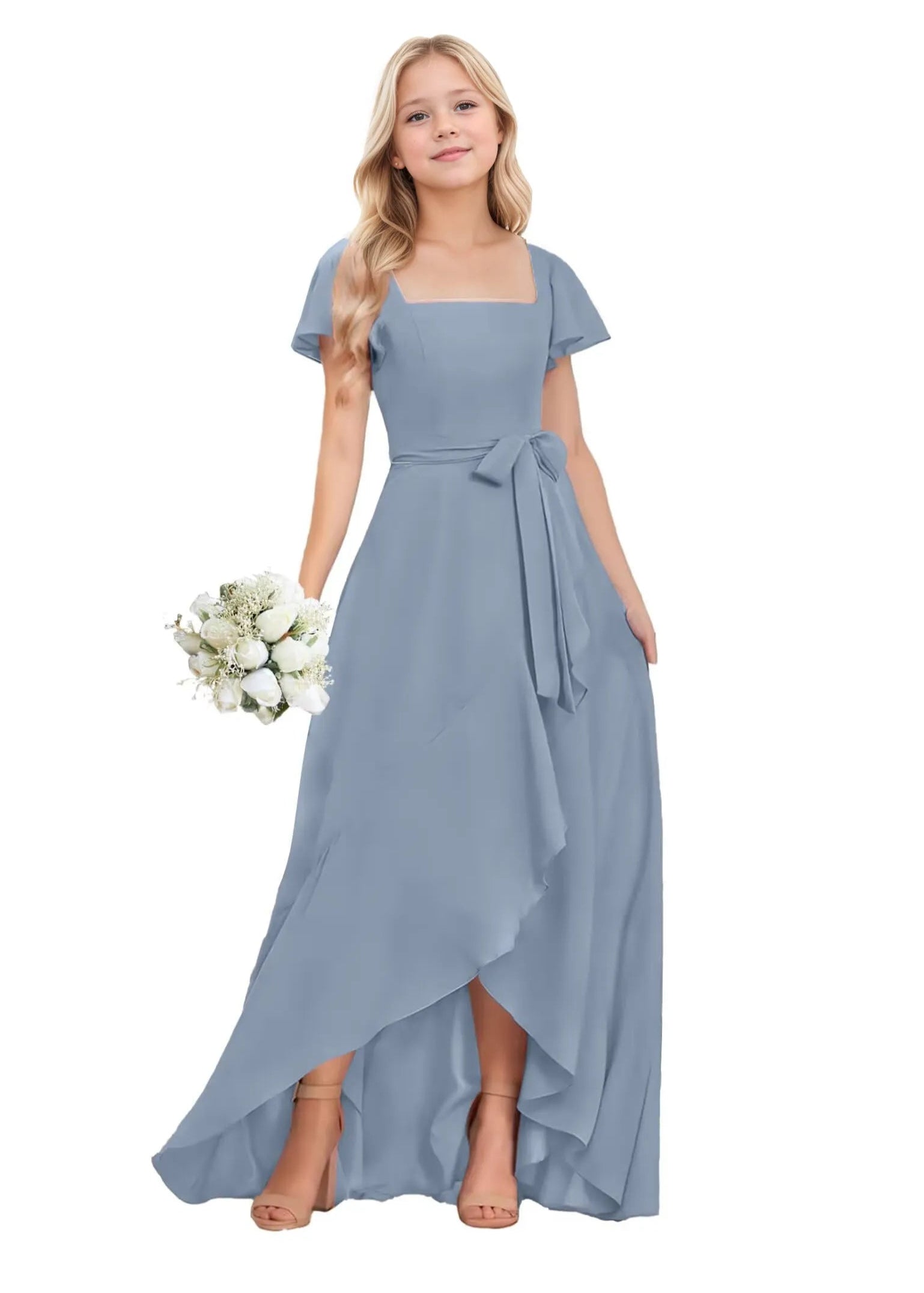 Square Neck Flutter Sleeve Chiffon Dress -[Blue]
