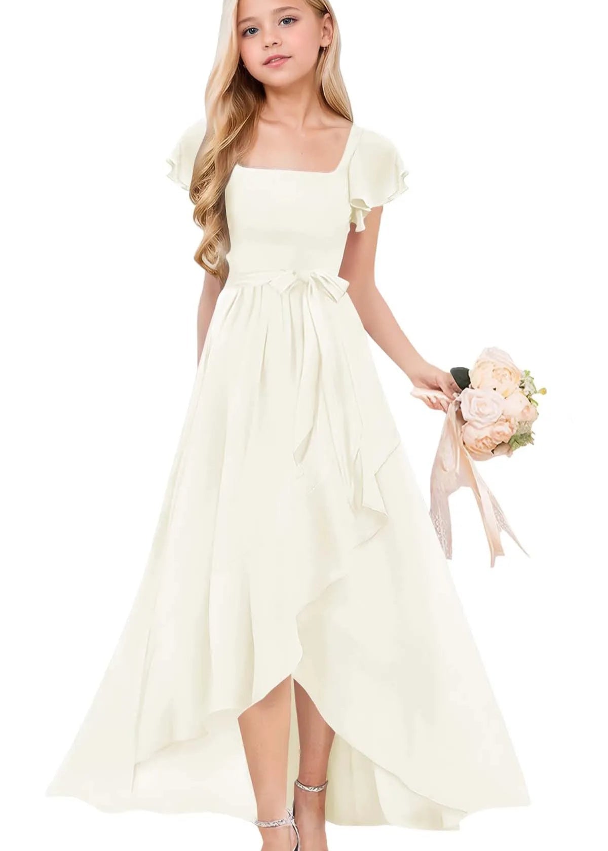 Square Neck Flutter Sleeve Chiffon Dress -[Black&White]