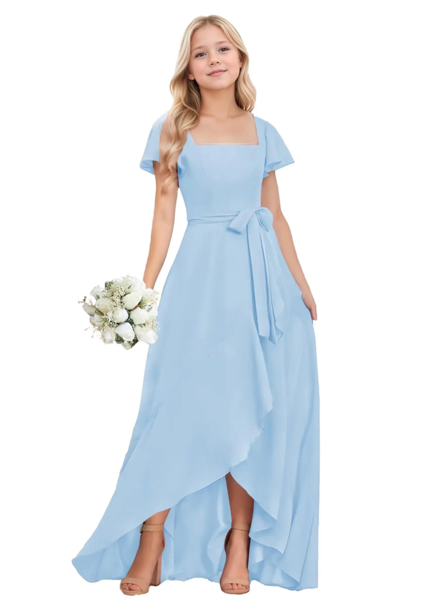 Square Neck Flutter Sleeve Chiffon Dress -[Blue]