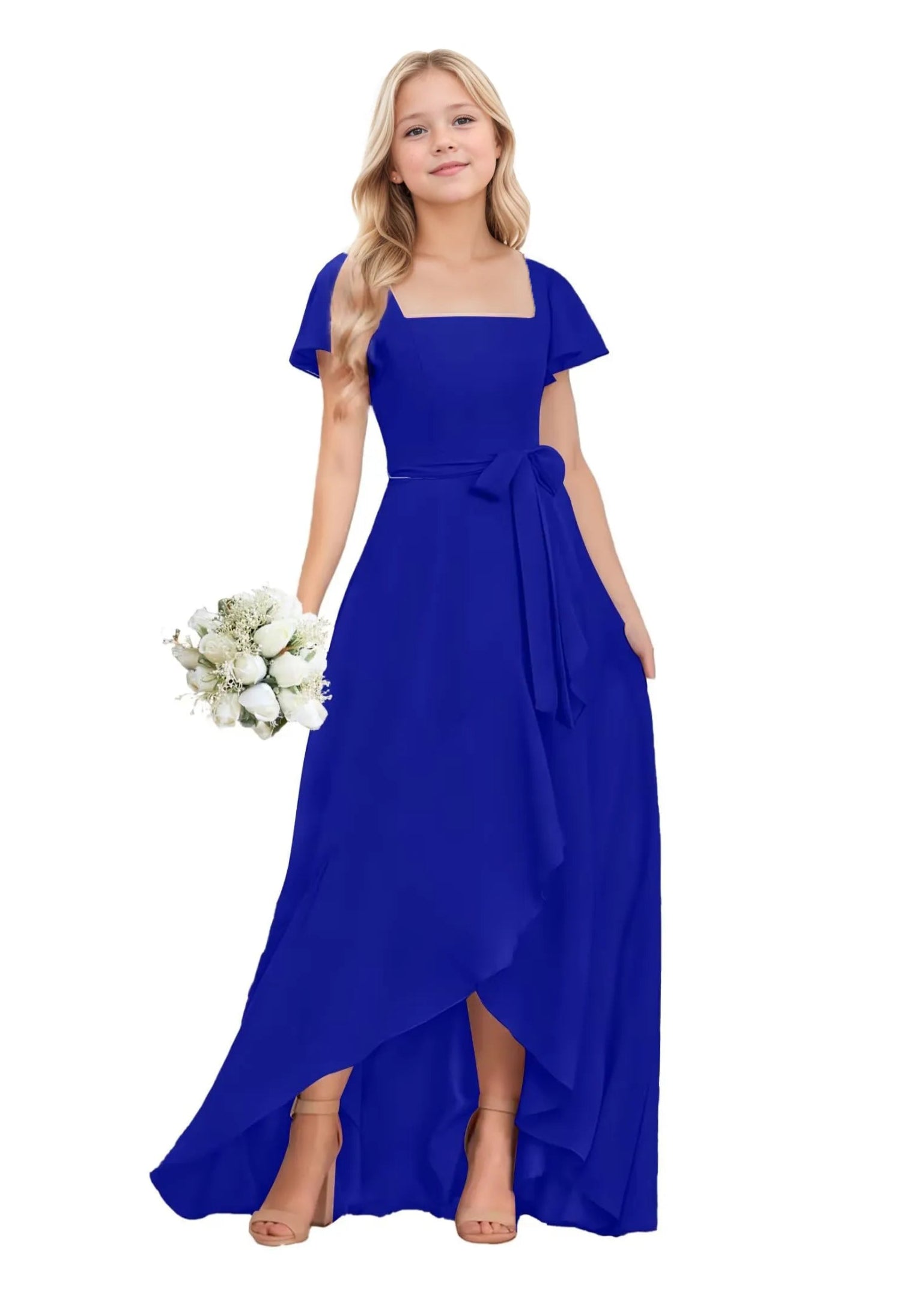 Square Neck Flutter Sleeve Chiffon Dress -[Blue]
