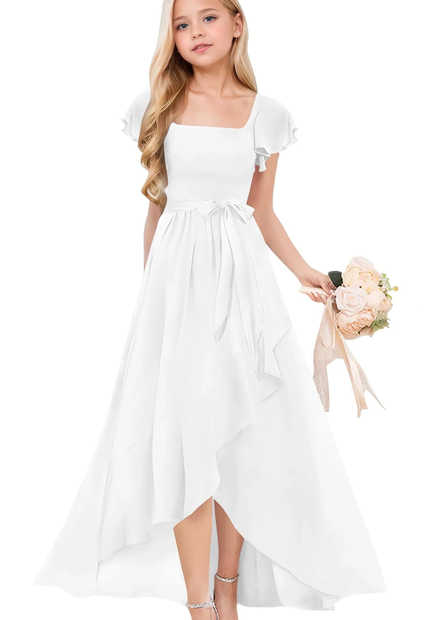 Square Neck Flutter Sleeve Chiffon Dress -[Black&White]