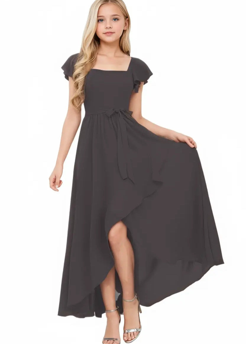 Square Neck Flutter Sleeve Chiffon Dress-Black&White