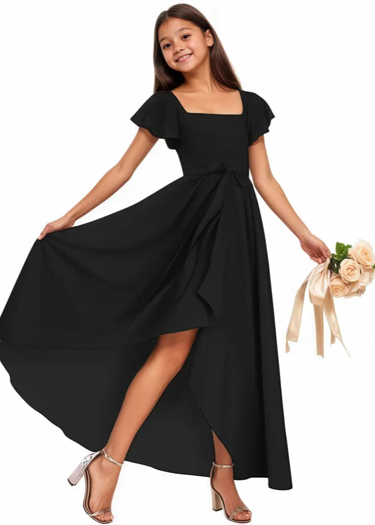 Square Neck Flutter Sleeve Chiffon Dress-Black