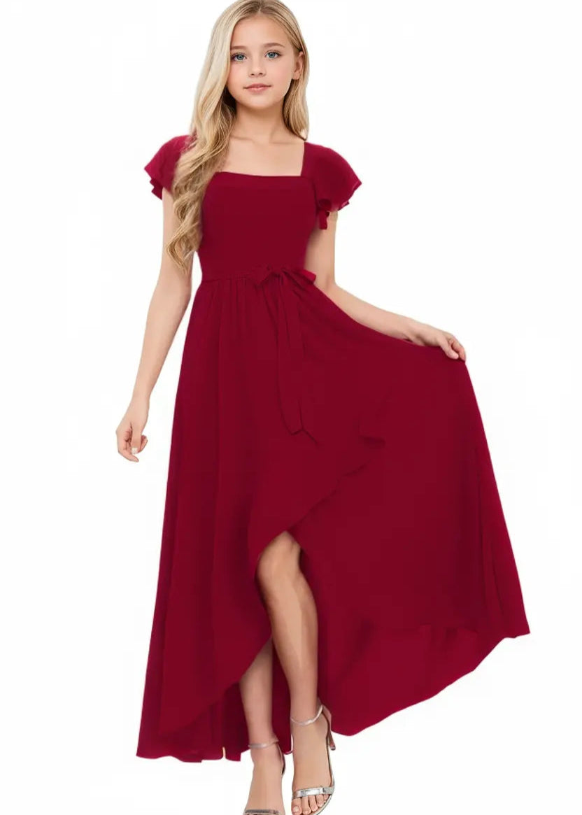 Square Neck Flutter Sleeve Chiffon Dress