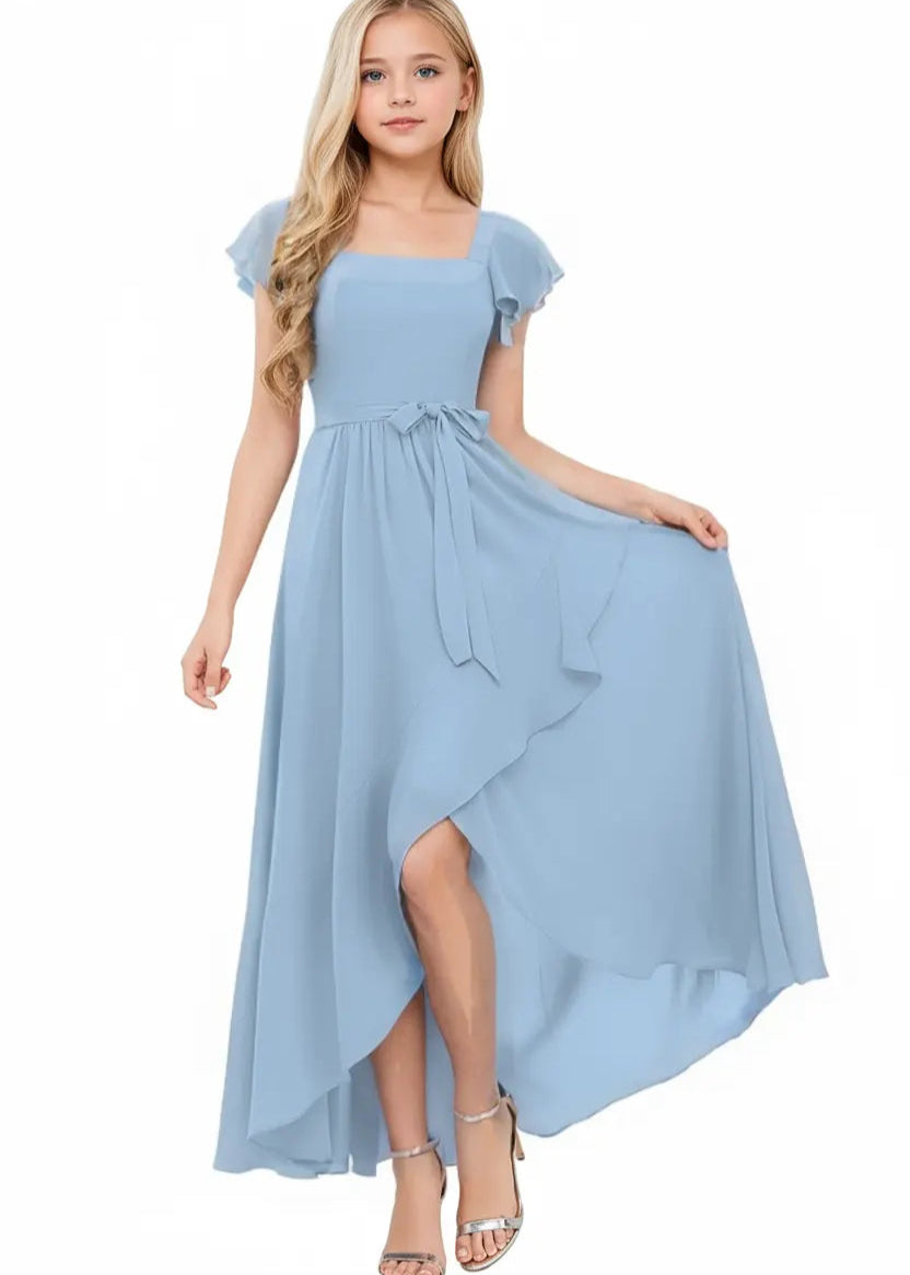 Square Neck Flutter Sleeve Chiffon Dress