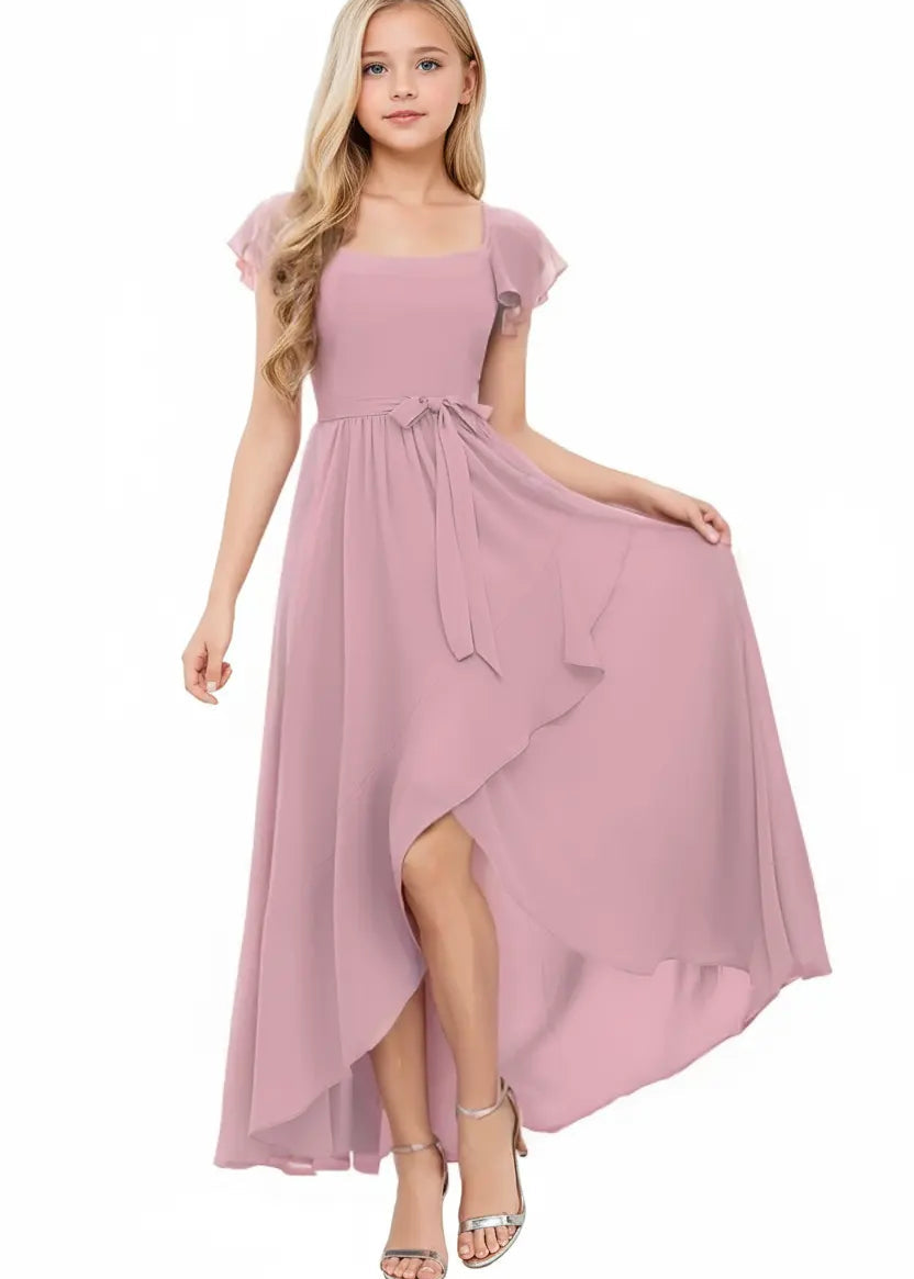 Square Neck Flutter Sleeve Chiffon Dress