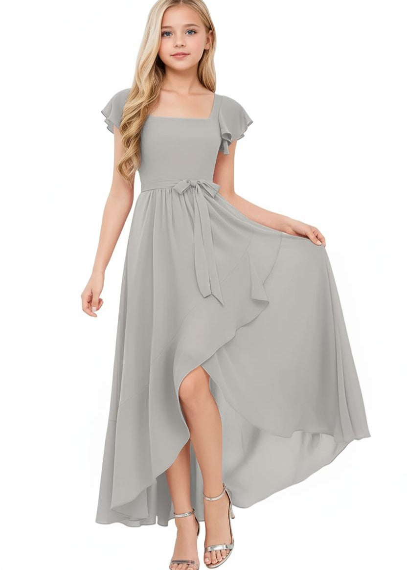 Square Neck Flutter Sleeve Chiffon Dress-Black&White