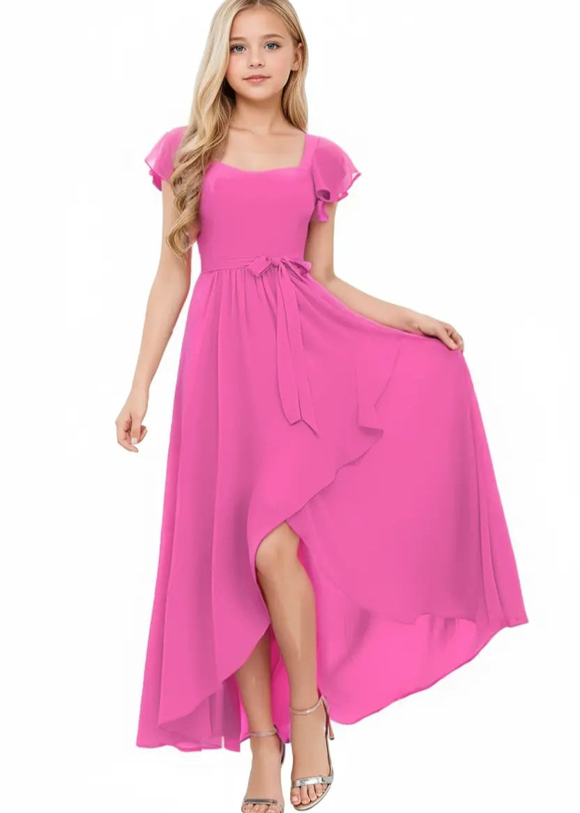 Square Neck Flutter Sleeve Chiffon Dress