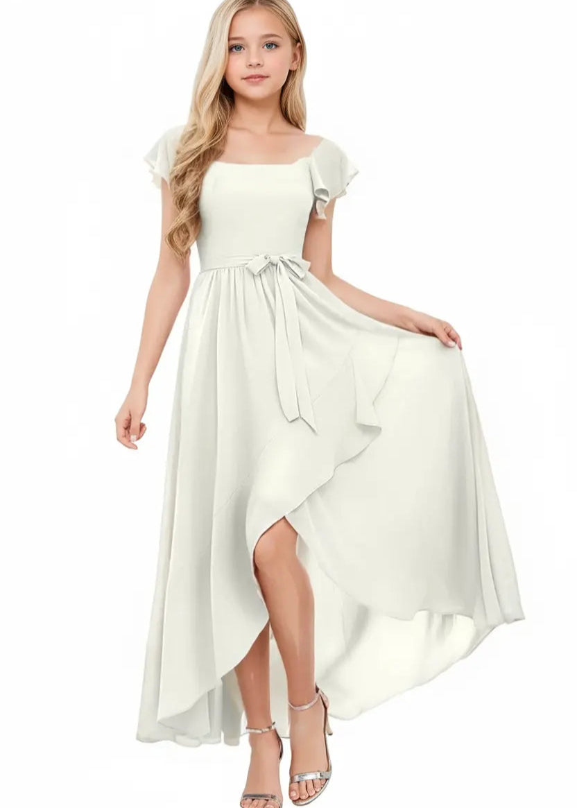 Square Neck Flutter Sleeve Chiffon Dress-Black&White