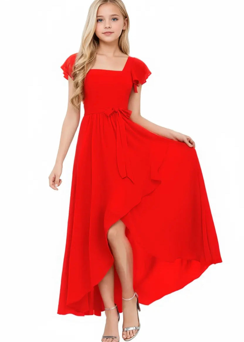 Square Neck Flutter Sleeve Chiffon Dress