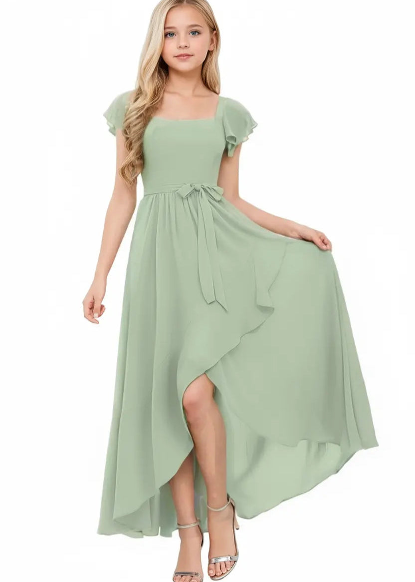 Square Neck Flutter Sleeve Chiffon Dress-Black&White