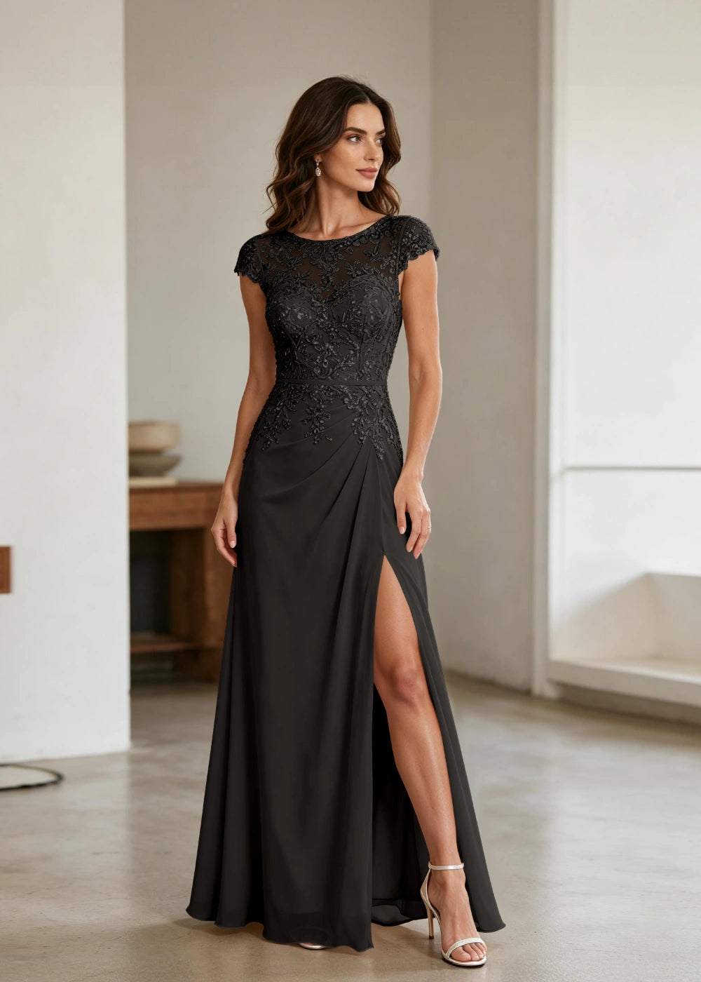 Champagne Lace Cap-Sleeve Chiffon Formal Dress