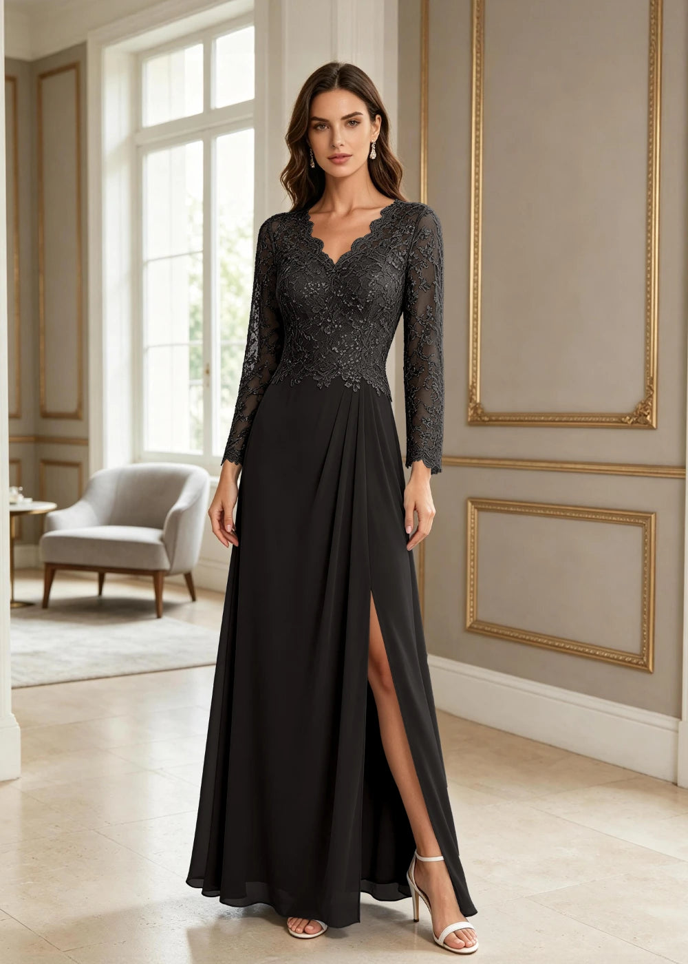 Dusty Blue V-Neck Long-Sleeve Lace Chiffon Dress