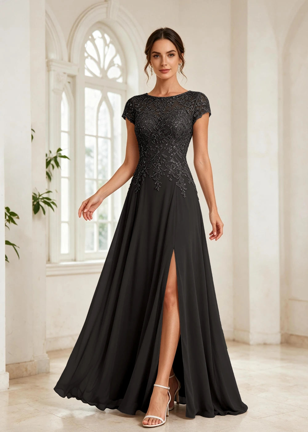 Slate Blue Beaded Cap-Sleeve Chiffon Formal Dress
