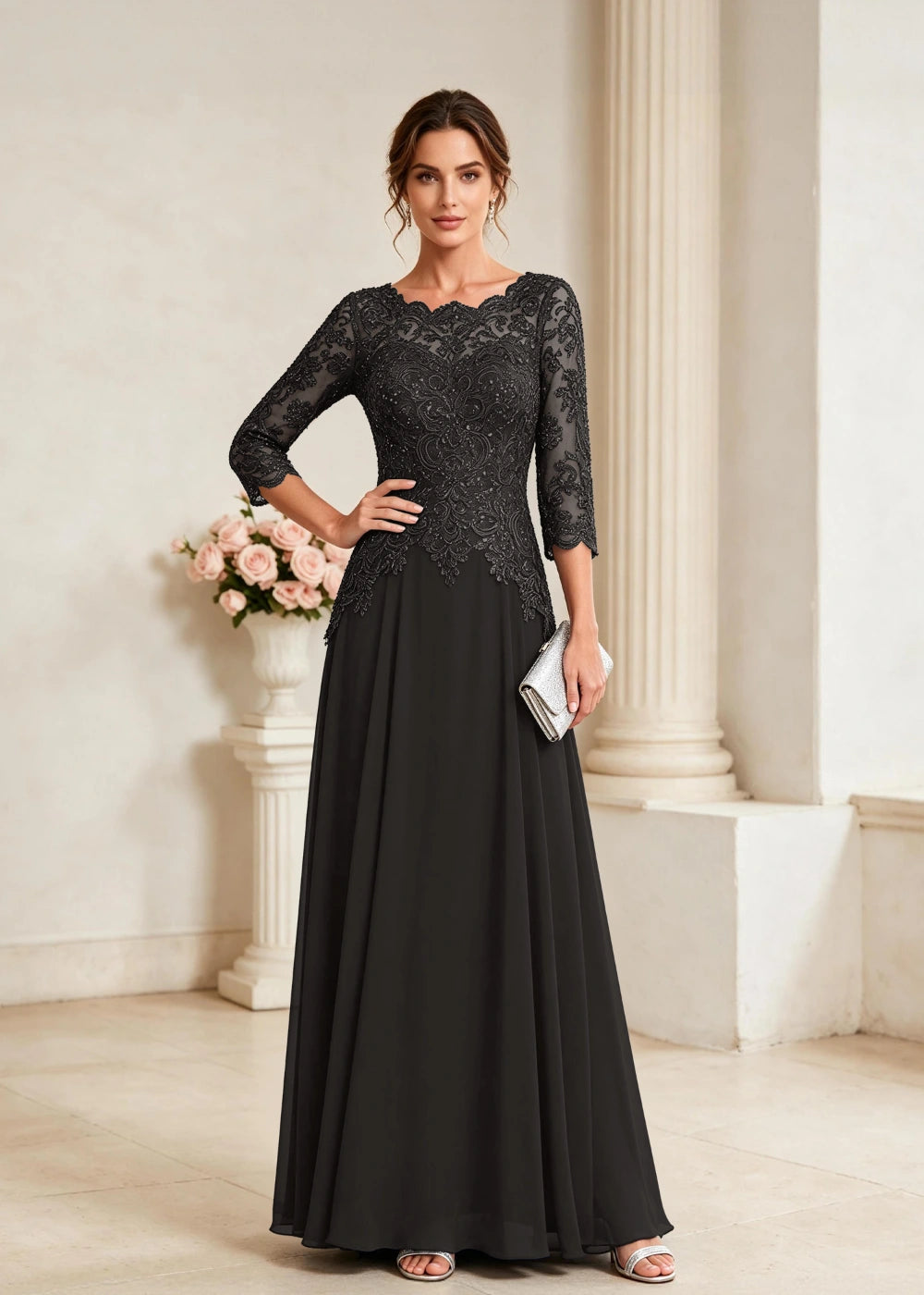Navy Blue Three-Quarter-Sleeve Lace Chiffon Gown